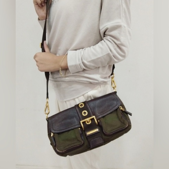 Prada Espresso Leather and Olive Green Canvas Crossbody Bag - Picture 1 of 7
